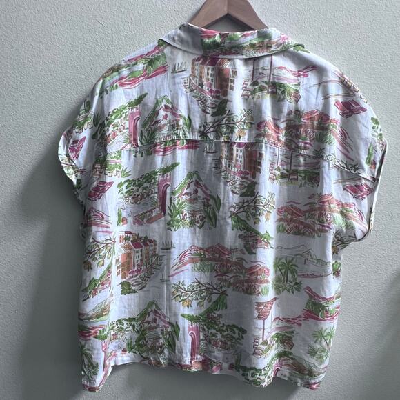 Cynthia Rowley Tropical 100% Linen Button Up Beachy Top Womens XL Vacation Blues - Picture 2 of 9